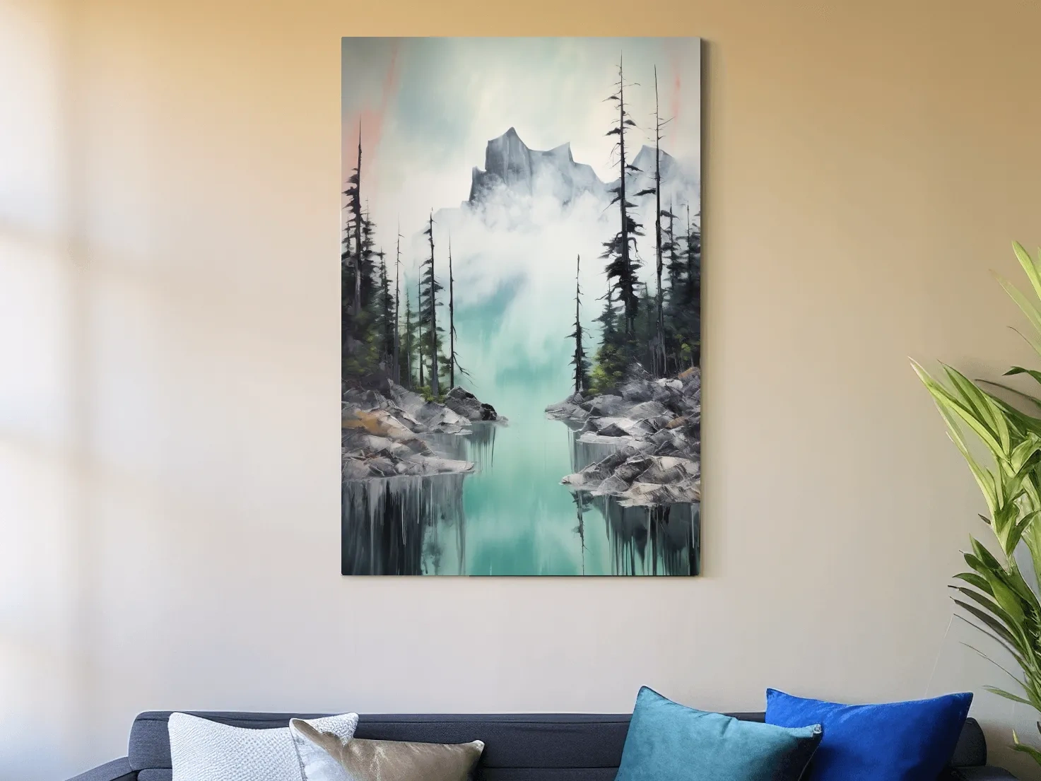 Misty Turquoise Alpine Lake Reflection - Watercolor Mountain Forest Wall Art