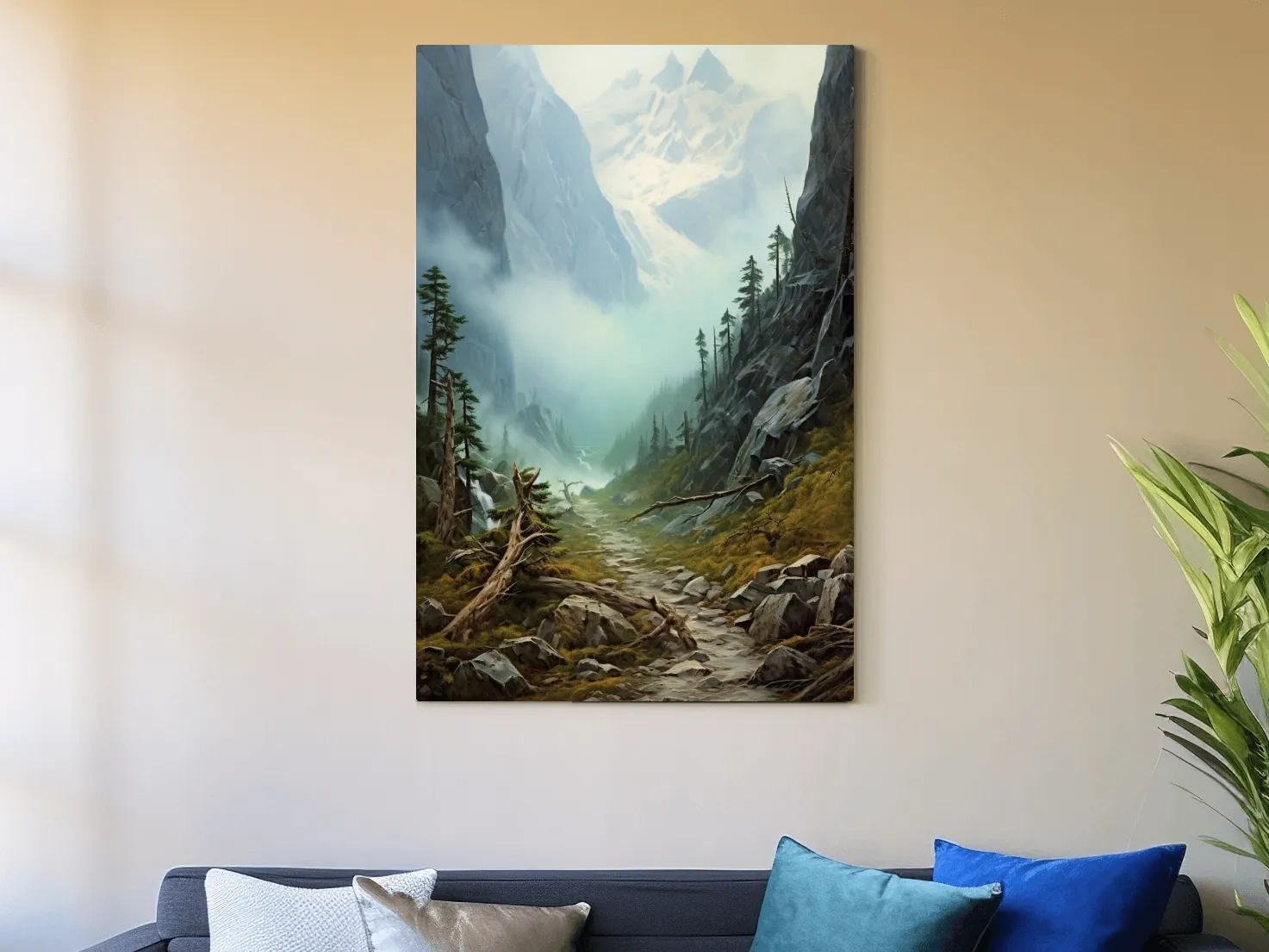 Misty Alpine Mountain Valley Painting - Foggy Pine Forest Wall Art