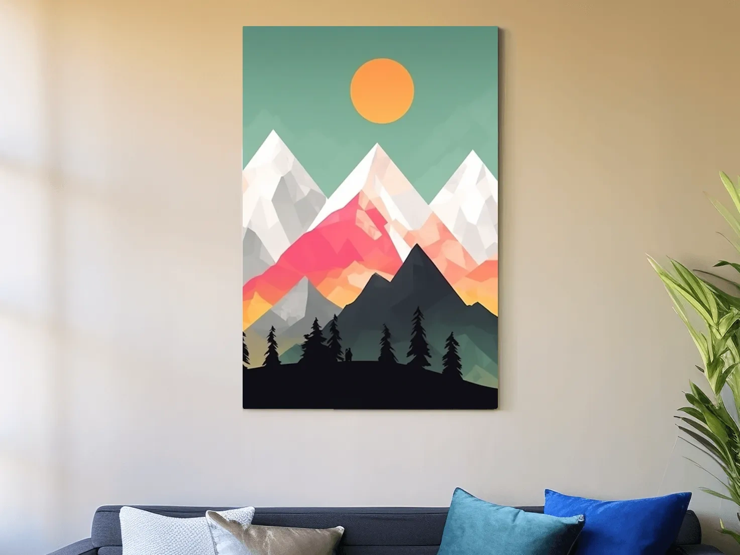 Geometric Sunset Mountain Peaks With Pine Silhouettes - Modern Colourful 2D Wall Art