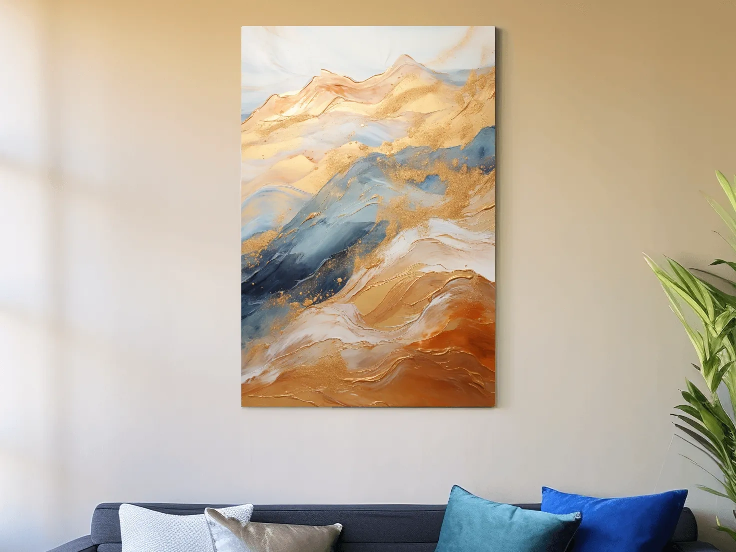 Abstract Gold And Blue Mountain Landscape - Modern Fluid Marble Wall Art
