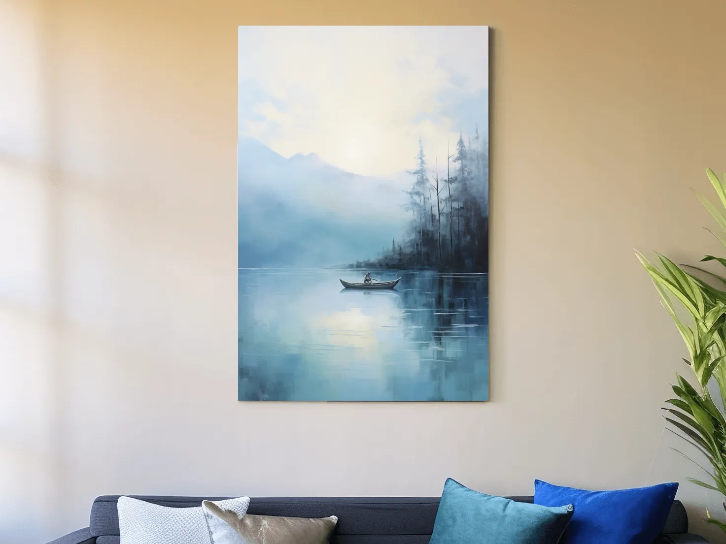 Misty Turquoise Mountain Lake Canoe Painting - Serene Forest Landscape Wall Art
