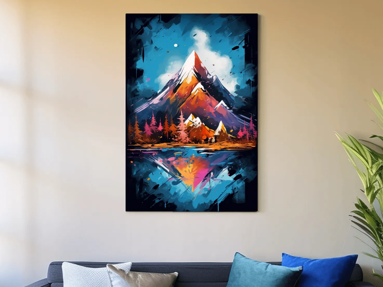 Vibrant Abstract Alpine Lake Painting - Colorful Mountain Forest Wall Art