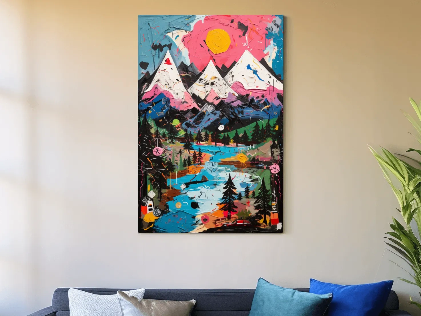 Vibrant Abstract Mountain Lake Sunset Painting - Colorful Modern Landscape Wall Art