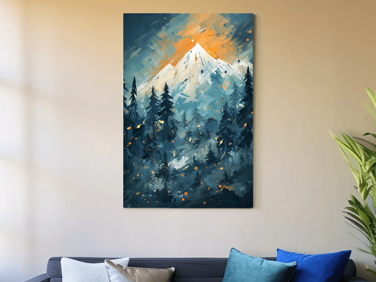 Abstract Snowy Mountain Peak Sunset - Moody Pine Forest Painting Wall Art