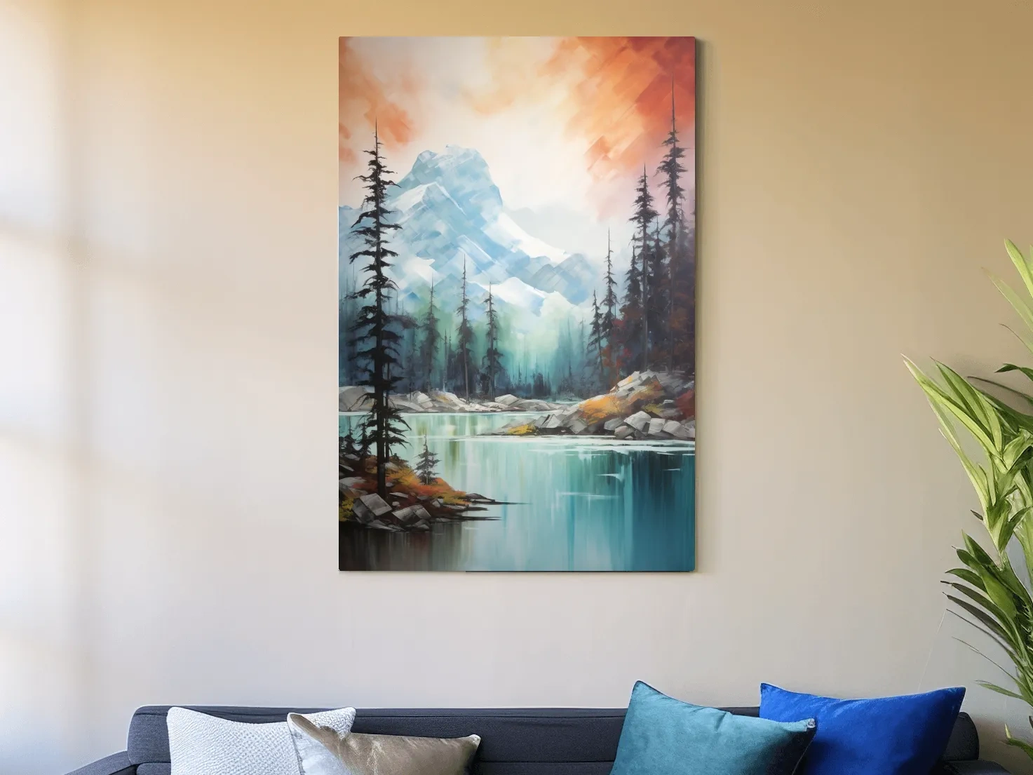 Turquoise Alpine Lake & Pine Forest Sunset Watercolor - Serene Mountain Landscape Wall Art