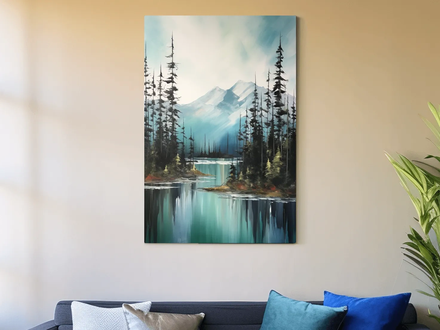 Alpine Turquoise Lake Watercolor Landscape - Serene Pine Forest Nature Wall Art