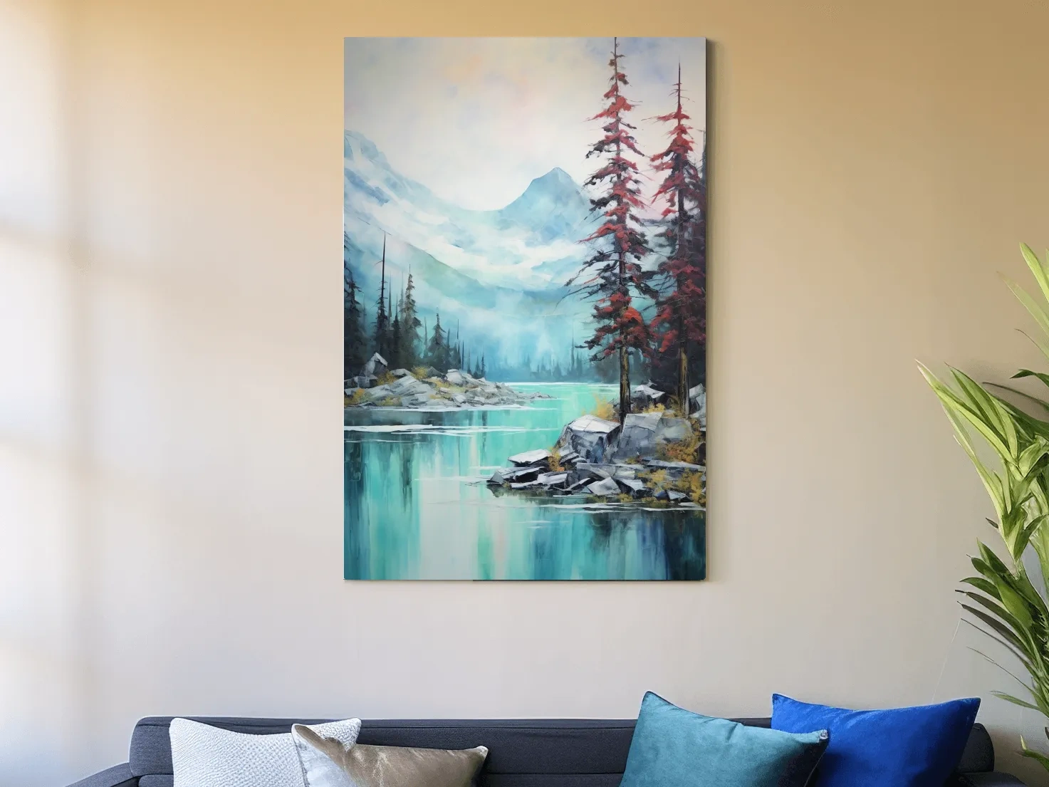 Mountain scenery painting, a turquoise alpine lake