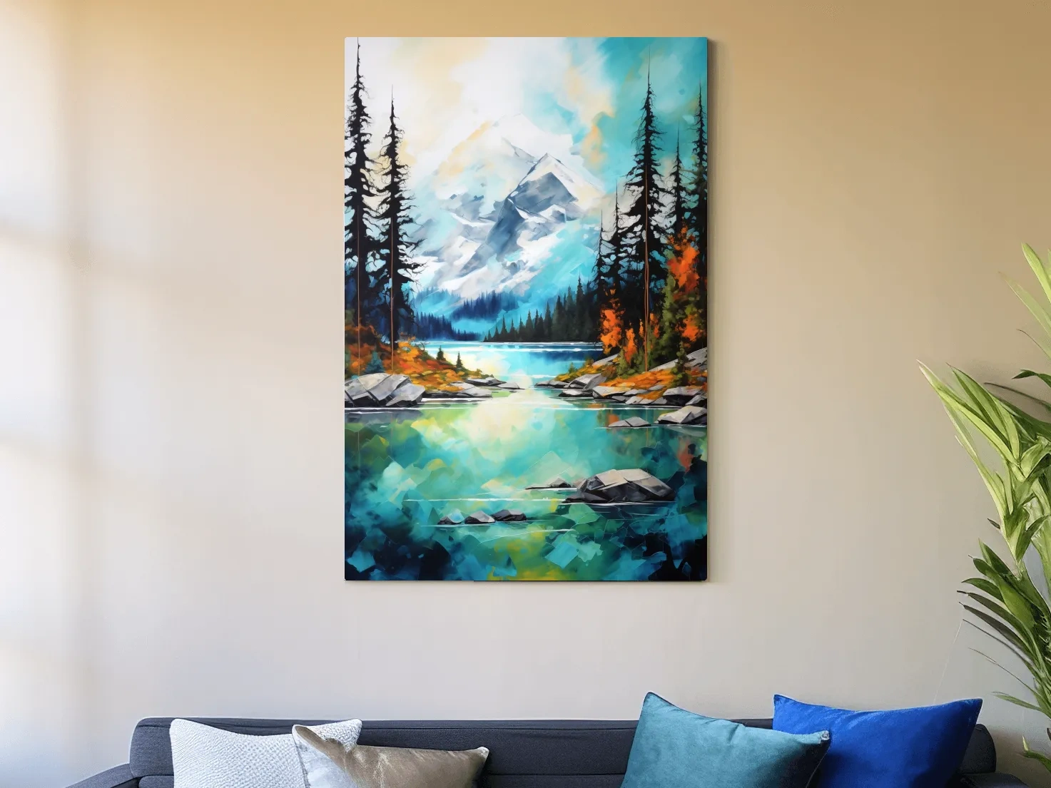 Turquoise Alpine Lake Mountain Painting - Colorful Watercolor Forest Wall Art