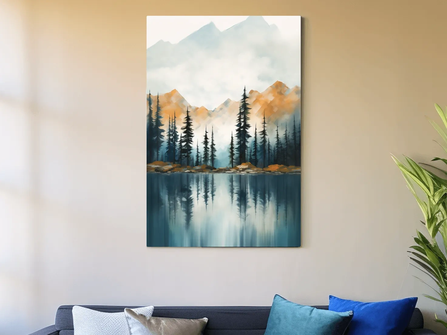 Misty Watercolor Mountain Lake Reflection - Serene Pine Forest Landscape Wall Art