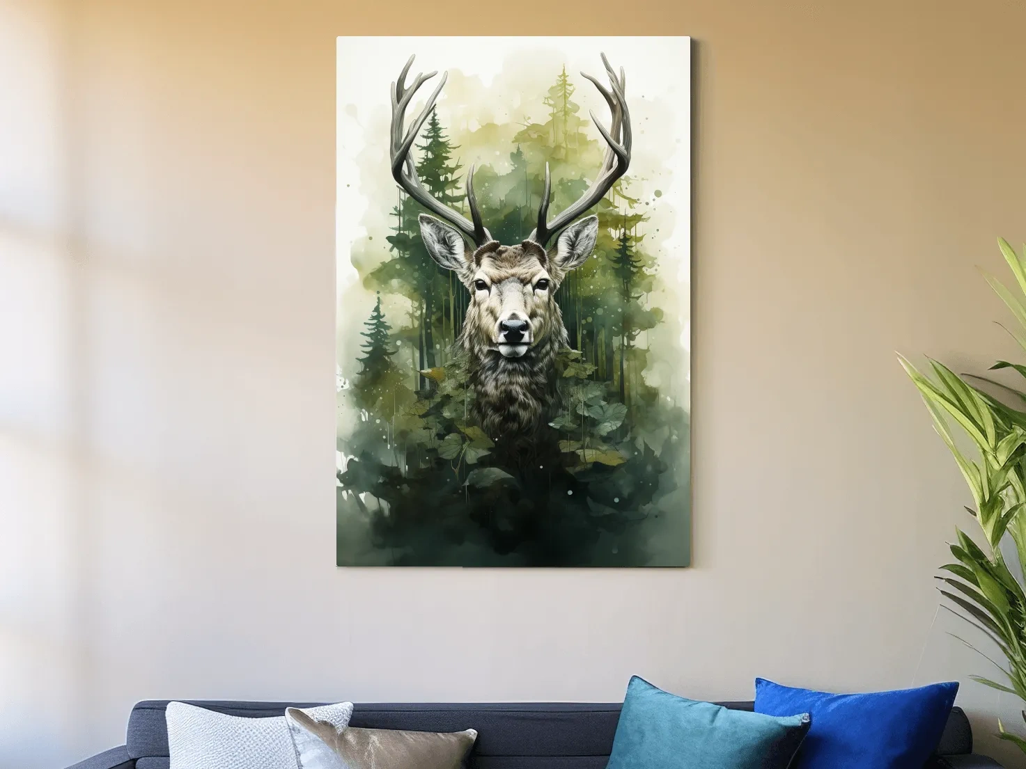 Watercolor Deer Portrait In Misty Pine Forest - Woodland Wildlife Wall Art