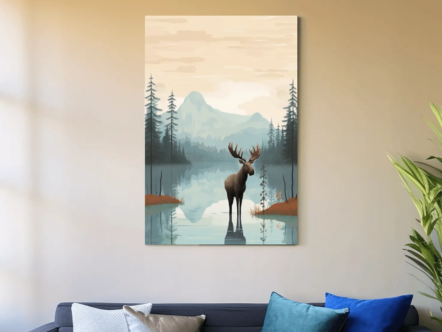 Moose Mountain Lake Illustration - Nursery Forest Mountain Wall Art