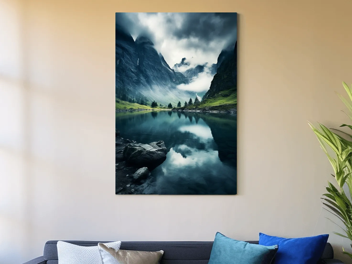 Moody Misty Alpine Lake Reflection - Dramatic Photographic Mountain Wall Art