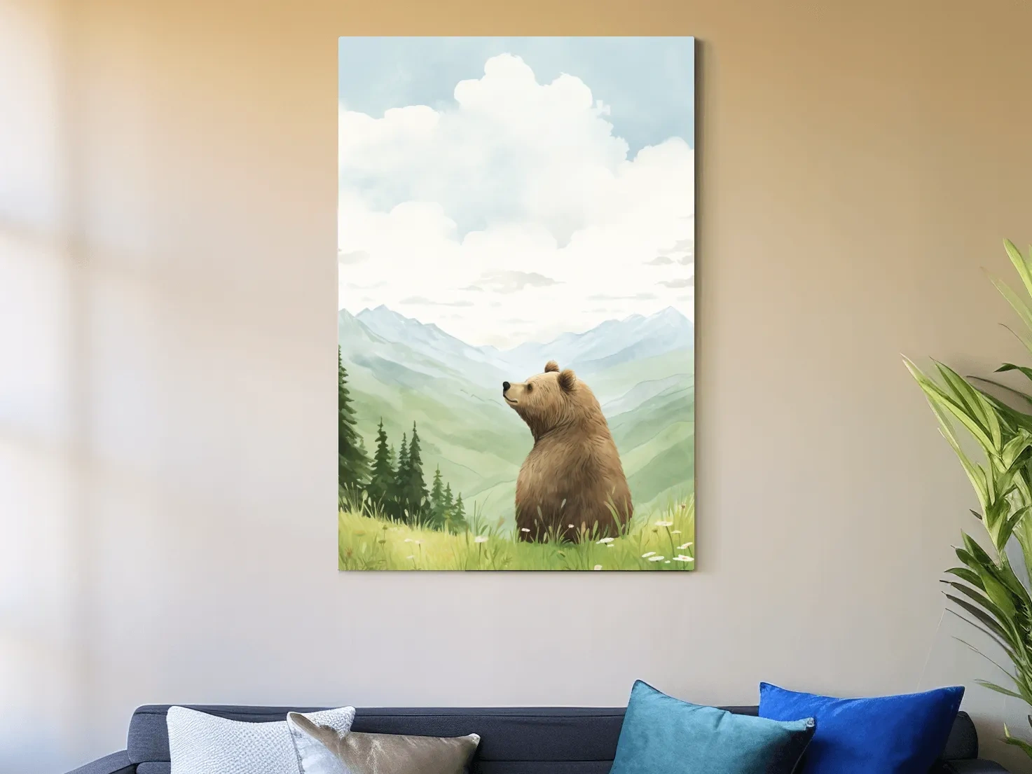 Whimsical Watercolor Bear In Mountain Meadow - Serene Nursery Wildlife Art