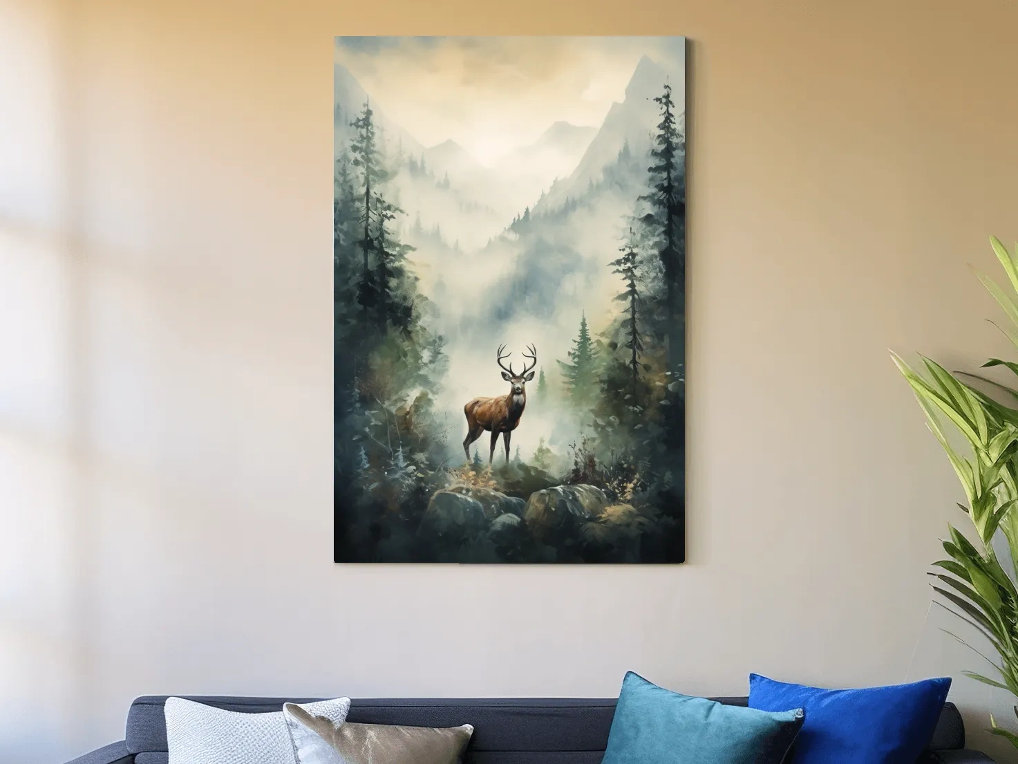 Misty Alpine Forest Deer Painting - Atmospheric Mountain Wildlife Wall Art