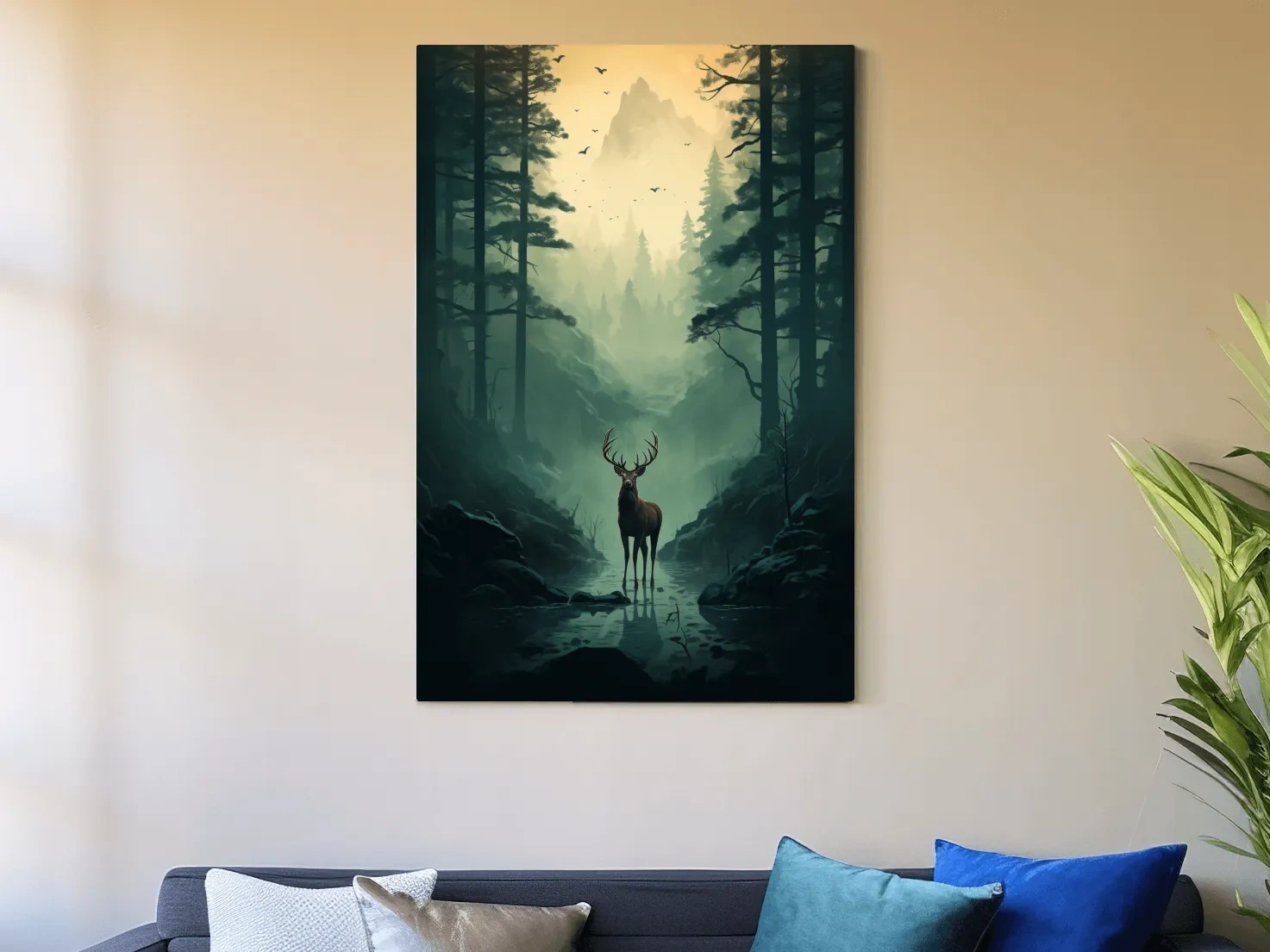 Moody Misty Forest Deer Stag Landscape - Atmospheric Wildlife Mountain Wall Art