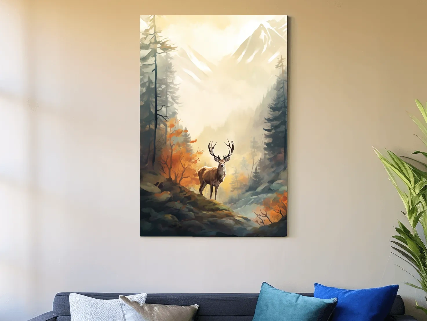Majestic Stag In Misty Mountain Forest - Autumn Watercolor Wildlife Wall Art