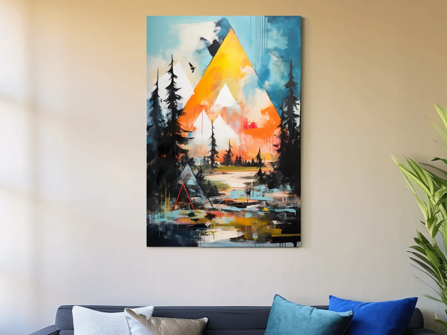 Vibrant Abstract Mountain Painting - Modern Geometric Alpine Forest Wall Art
