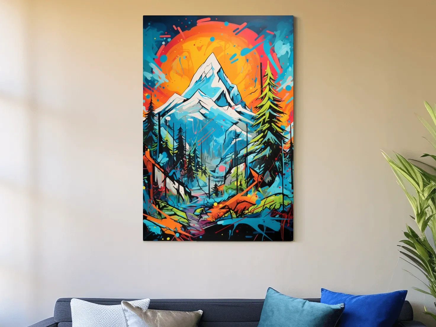 Graffitti inspired art of sunset over a glacier, vibrant wall art