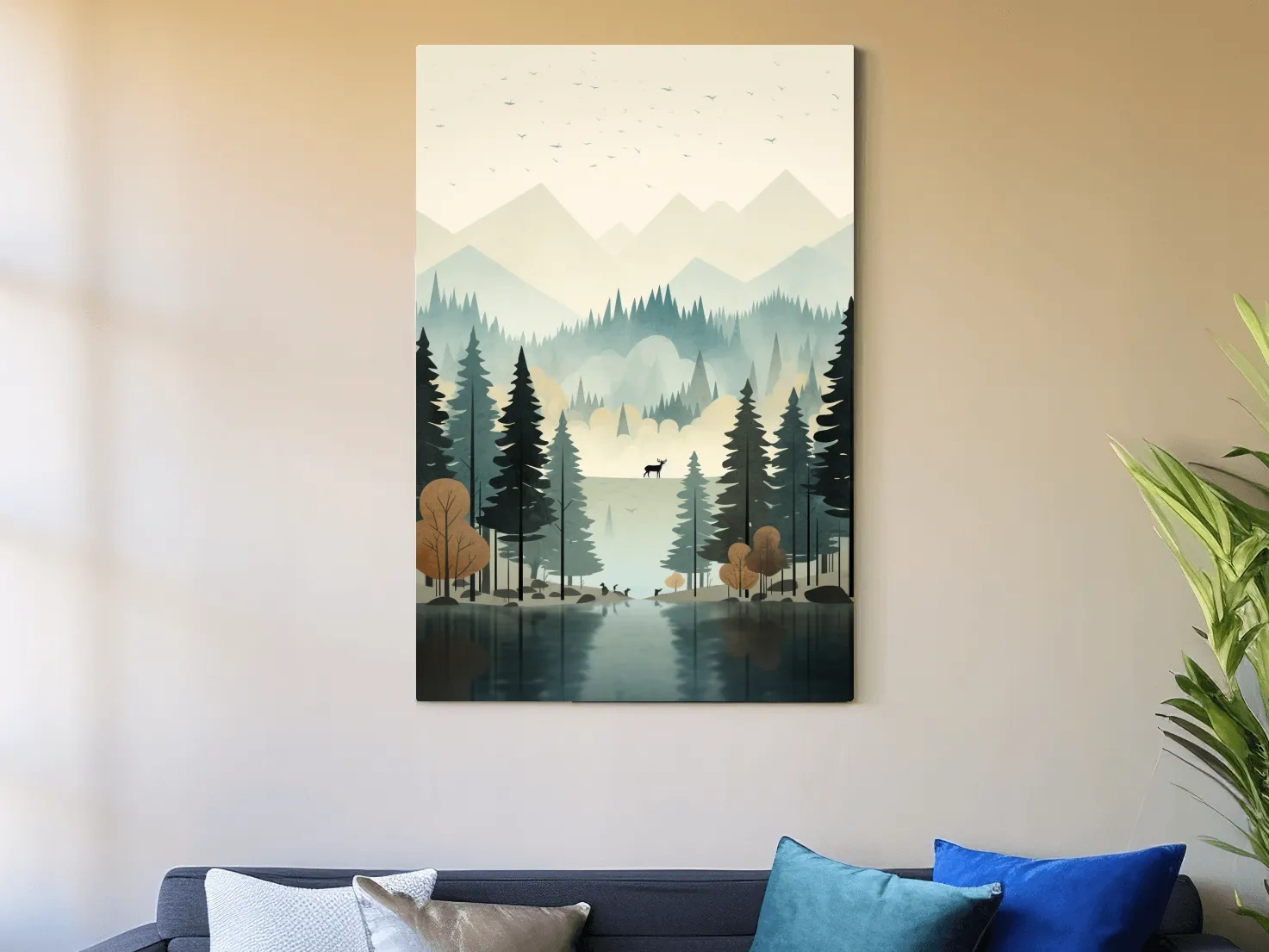 Alpine Lake Forest With Deer - Scandinavian Minimalist Wall Art