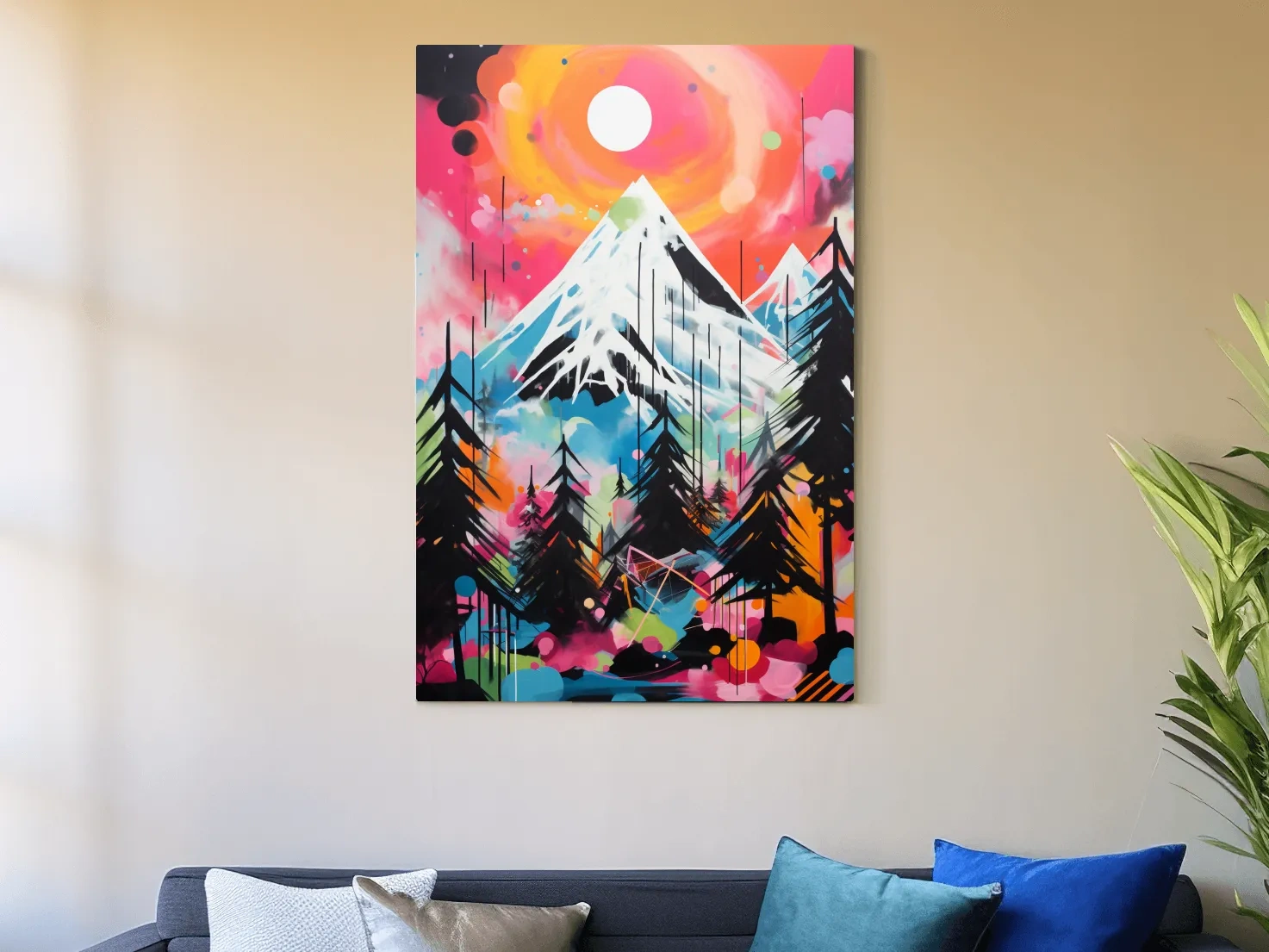 Vibrant Abstract Neon Mountain Glacier Sunset Painting - Colorful Alpine Wall Art