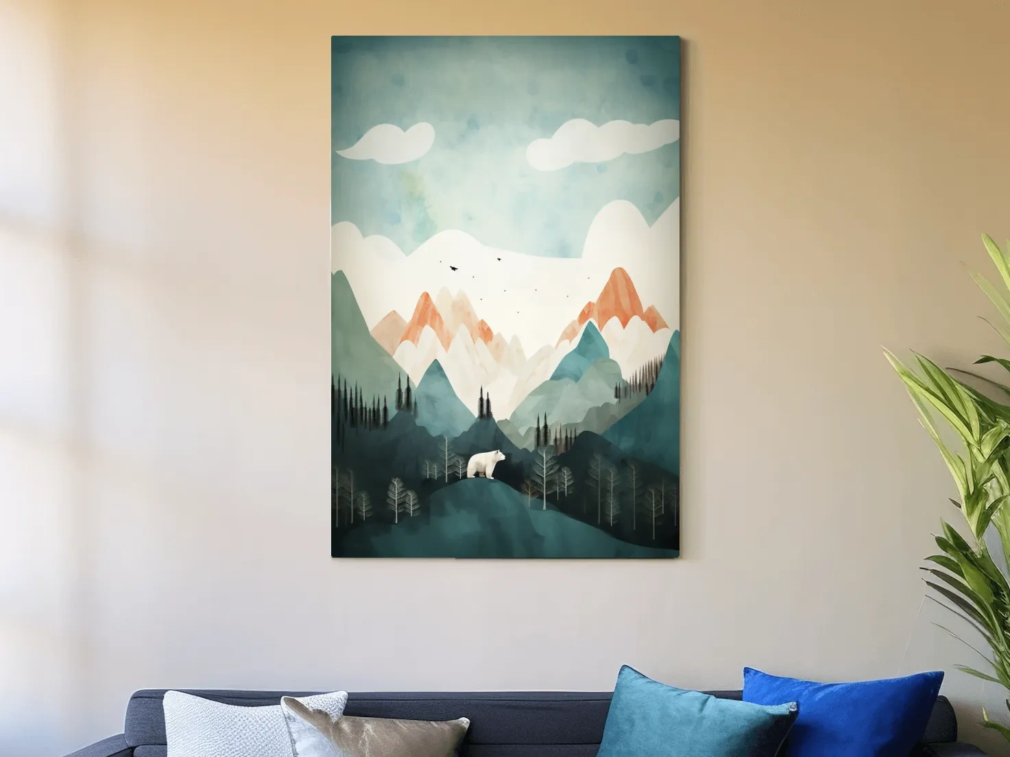 Whimsical Bear Alpine Mountain Landscape - Childrens Nursery Wall Art