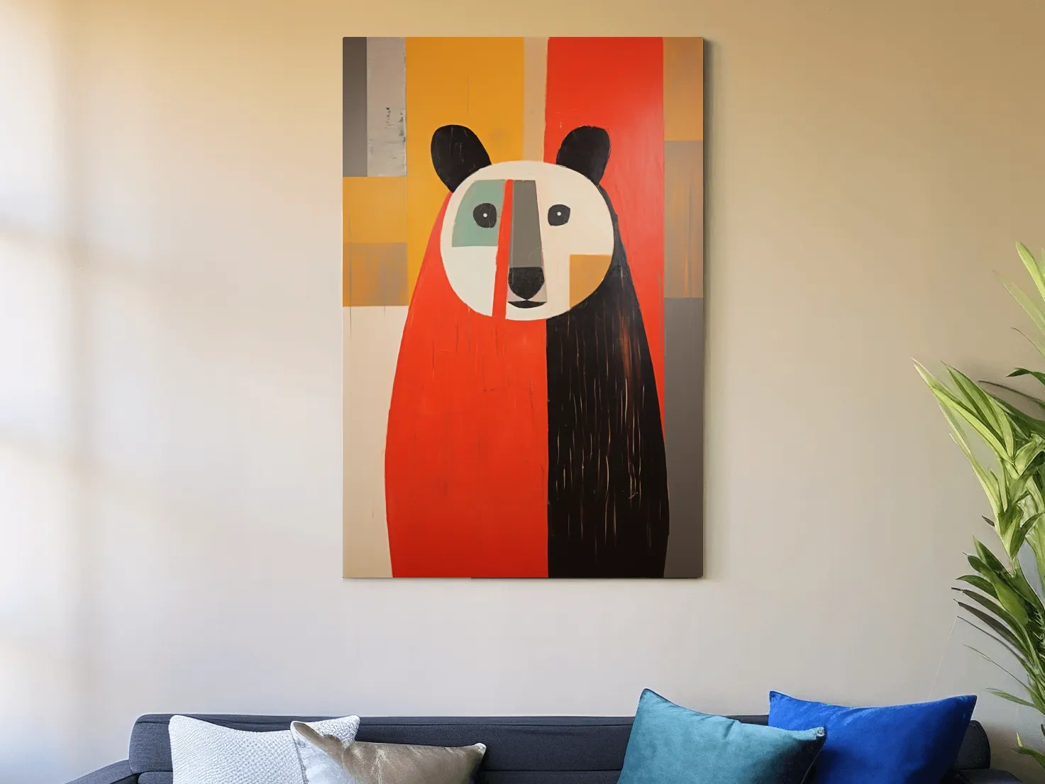 Bold Geometric Bear Portrait Painting - Quirky Abstract Animal Wall Art