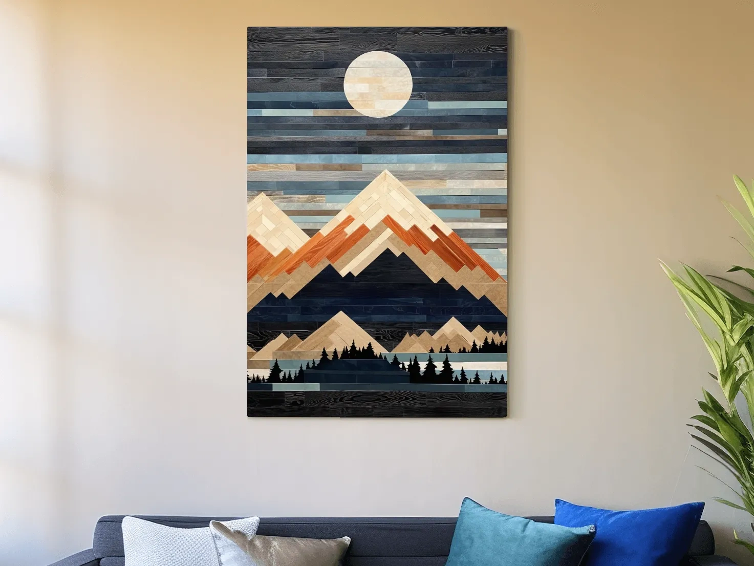 Geometric Wood Mosaic Mountain Range Under Full Moon - Modern Rustic Landscape Wall Art