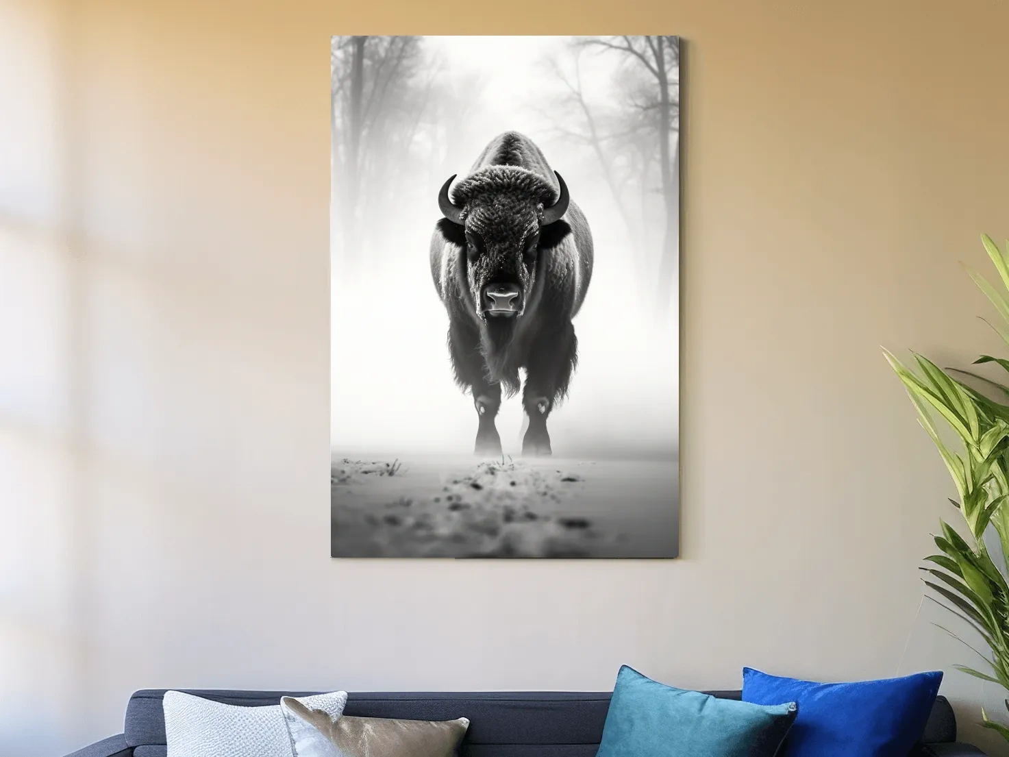 Moody Black And White Bison Portrait - Foggy Winter Wildlife Wall Art