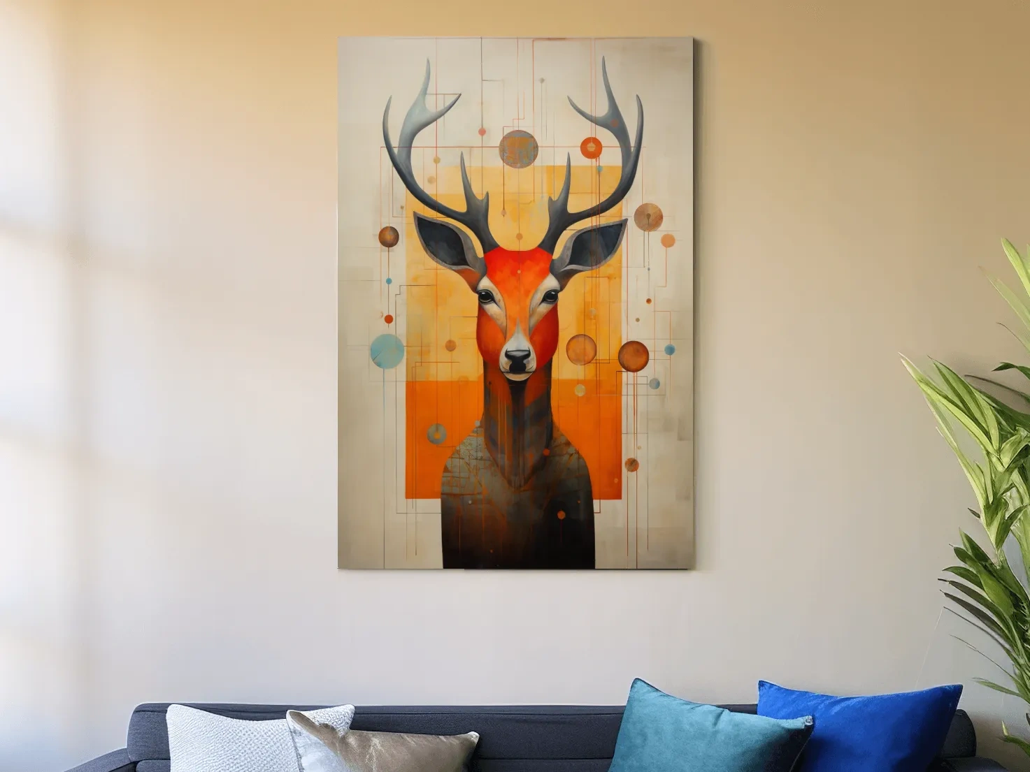 Mid Century Abstract Stag Portrait Painting - Quirky Wildlife Wall Art
