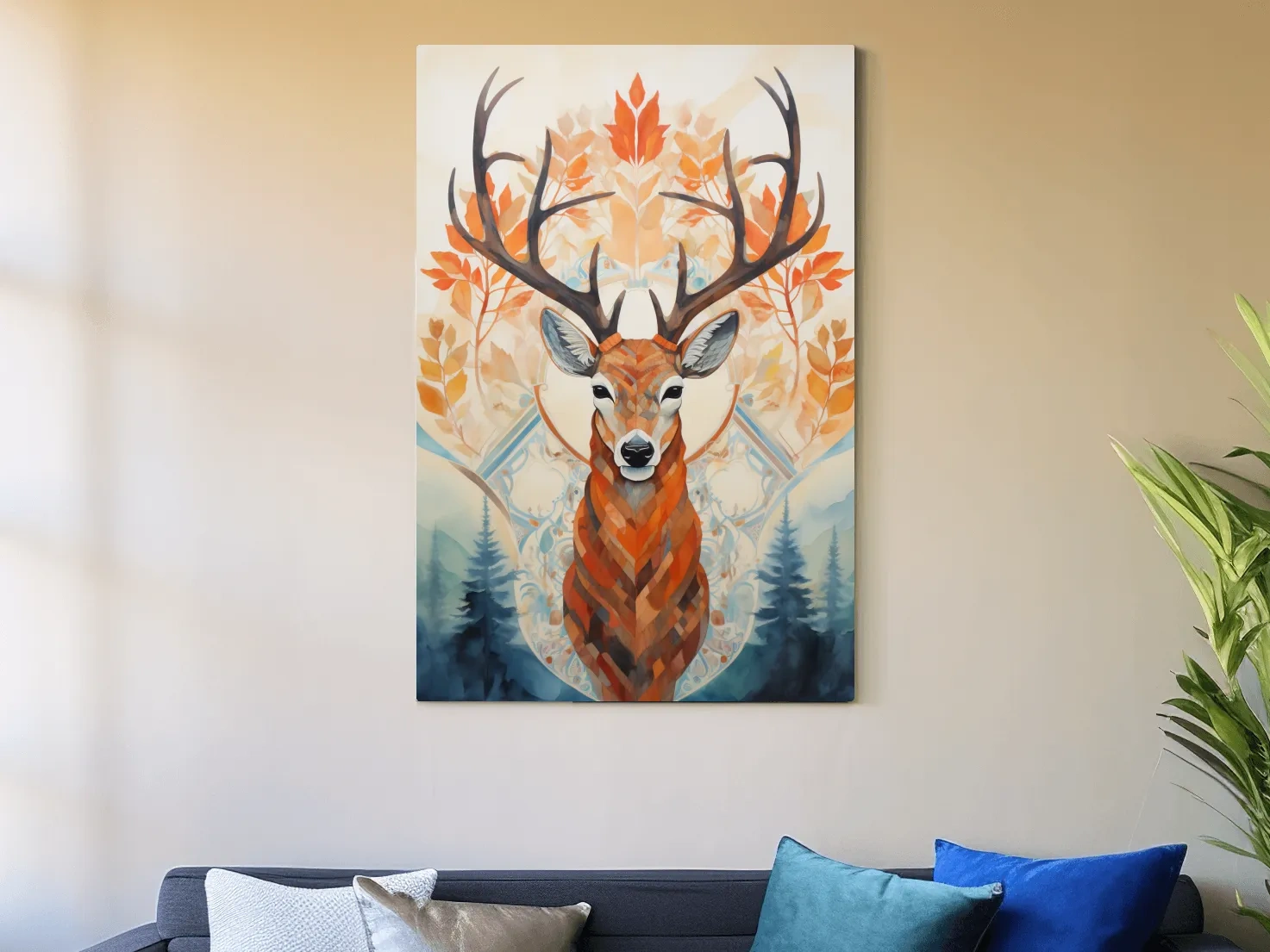 Ornate Stag Deer Watercolor Portrait - Autumn Woodland Wildlife Wall Art