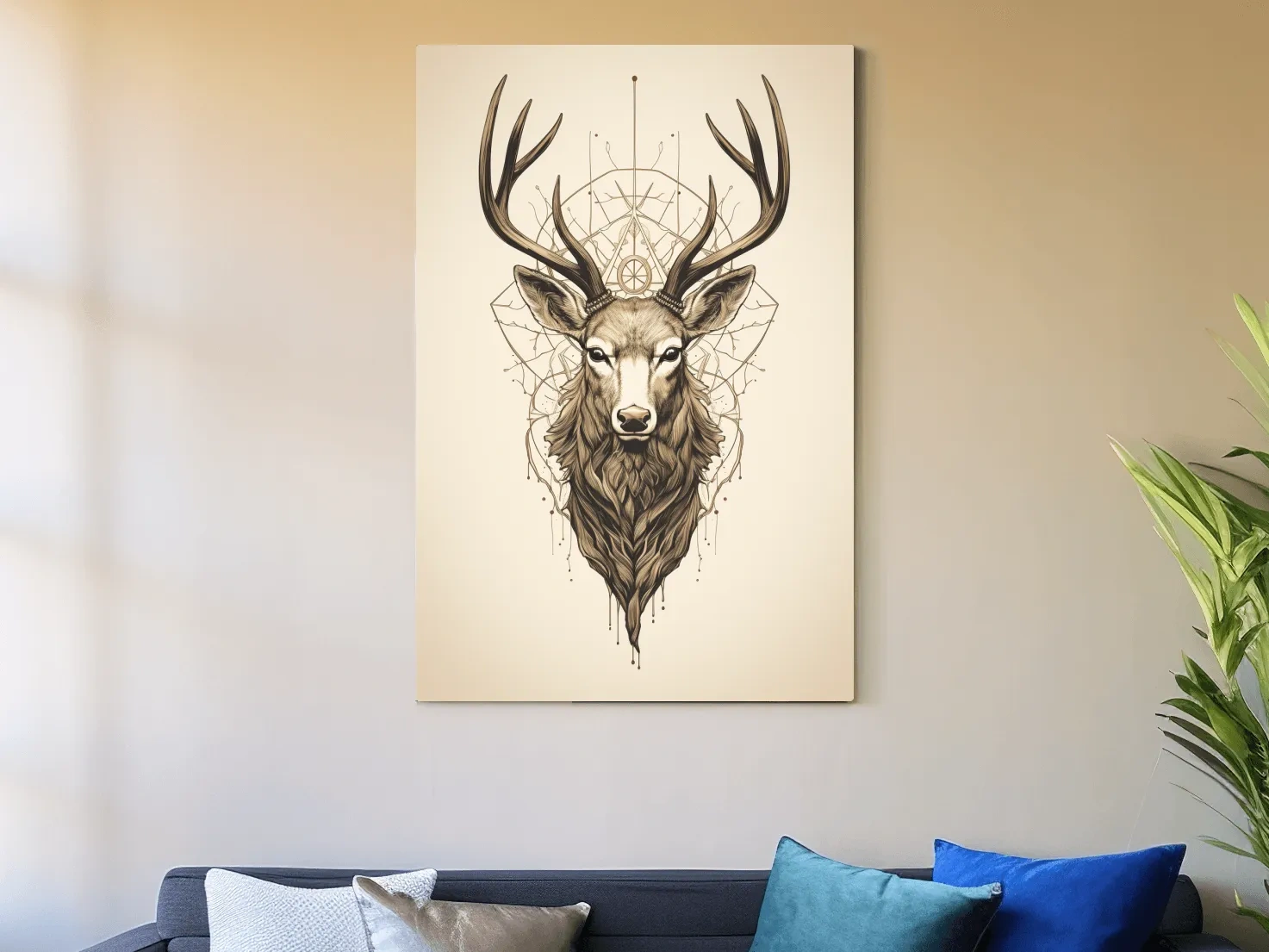 Ornate Stag Head Line Art - Minimalist Tattoo Style Wildlife Wall Art