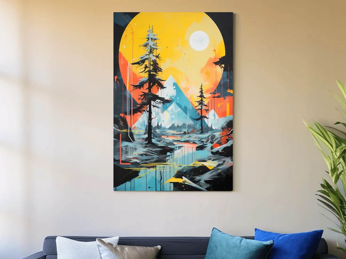 Vibrant Abstract Mountain Lake Sunset Painting - Modern Geometric Pine Forest Wall Art