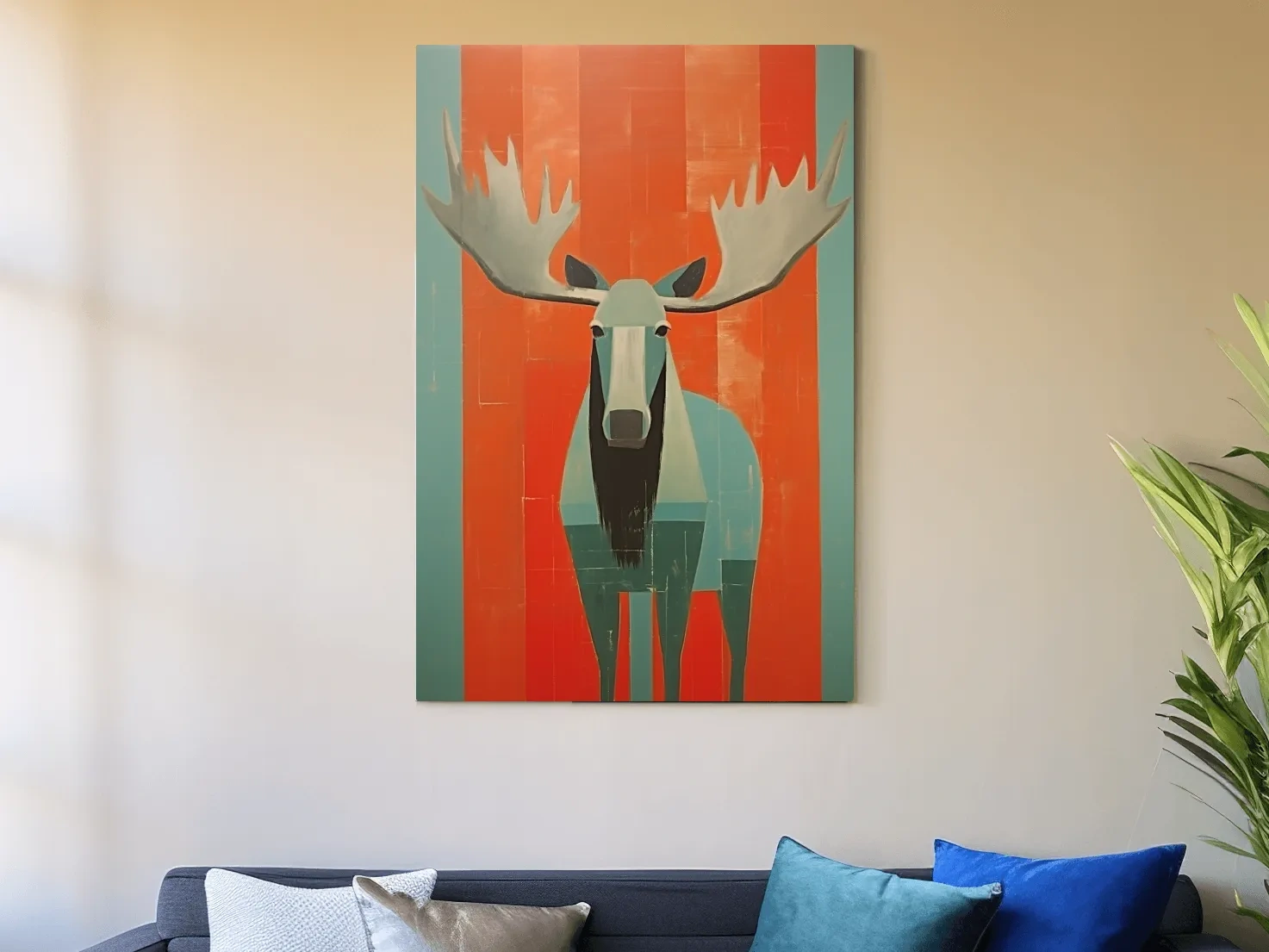 Mid Century Modern Rustic Moose Portrait Painting -  Wildlife Wall Art