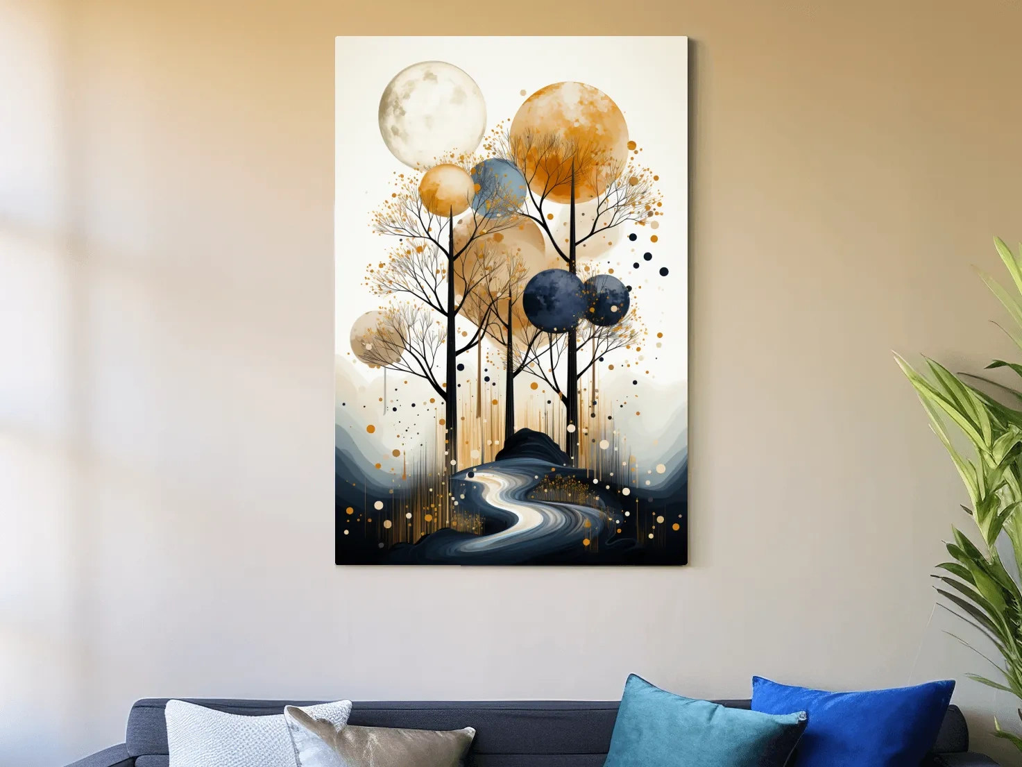 Surreal Golden Moonlit Forest River - Chic Boho Landscape Wall Art