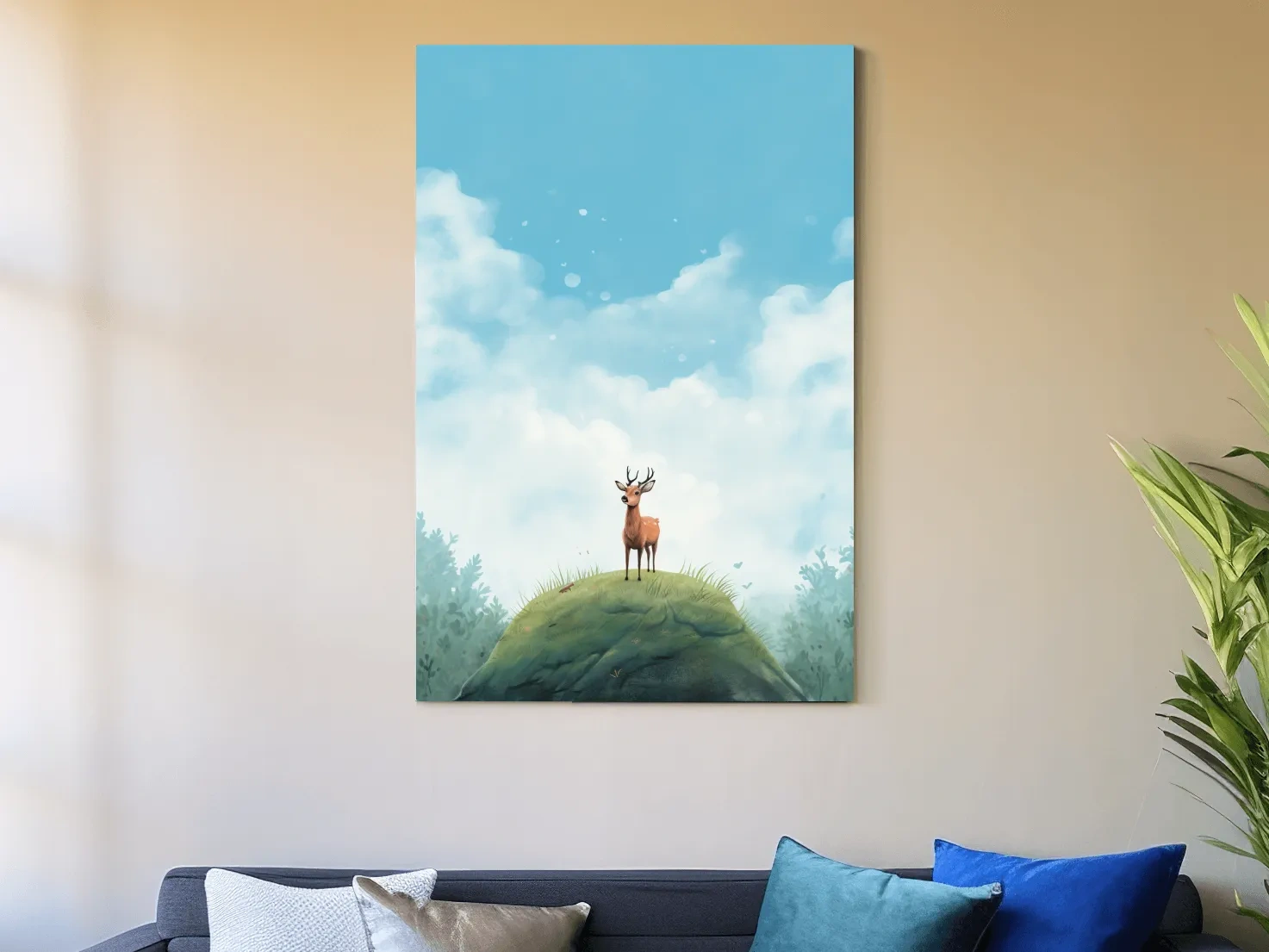 Whimsical Watercolor Deer on Grassy Hill - Serene Woodland Nursery Wall Art
