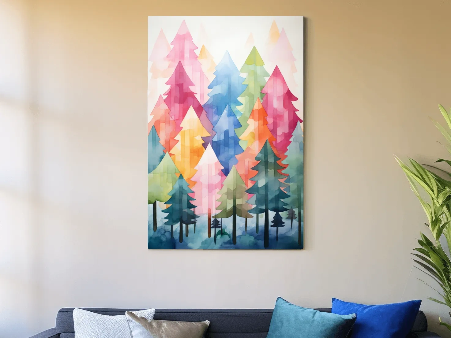 Colorful Watercolor Pine Forest Illustration - Whimsical Scandinavian Boho Wall Art