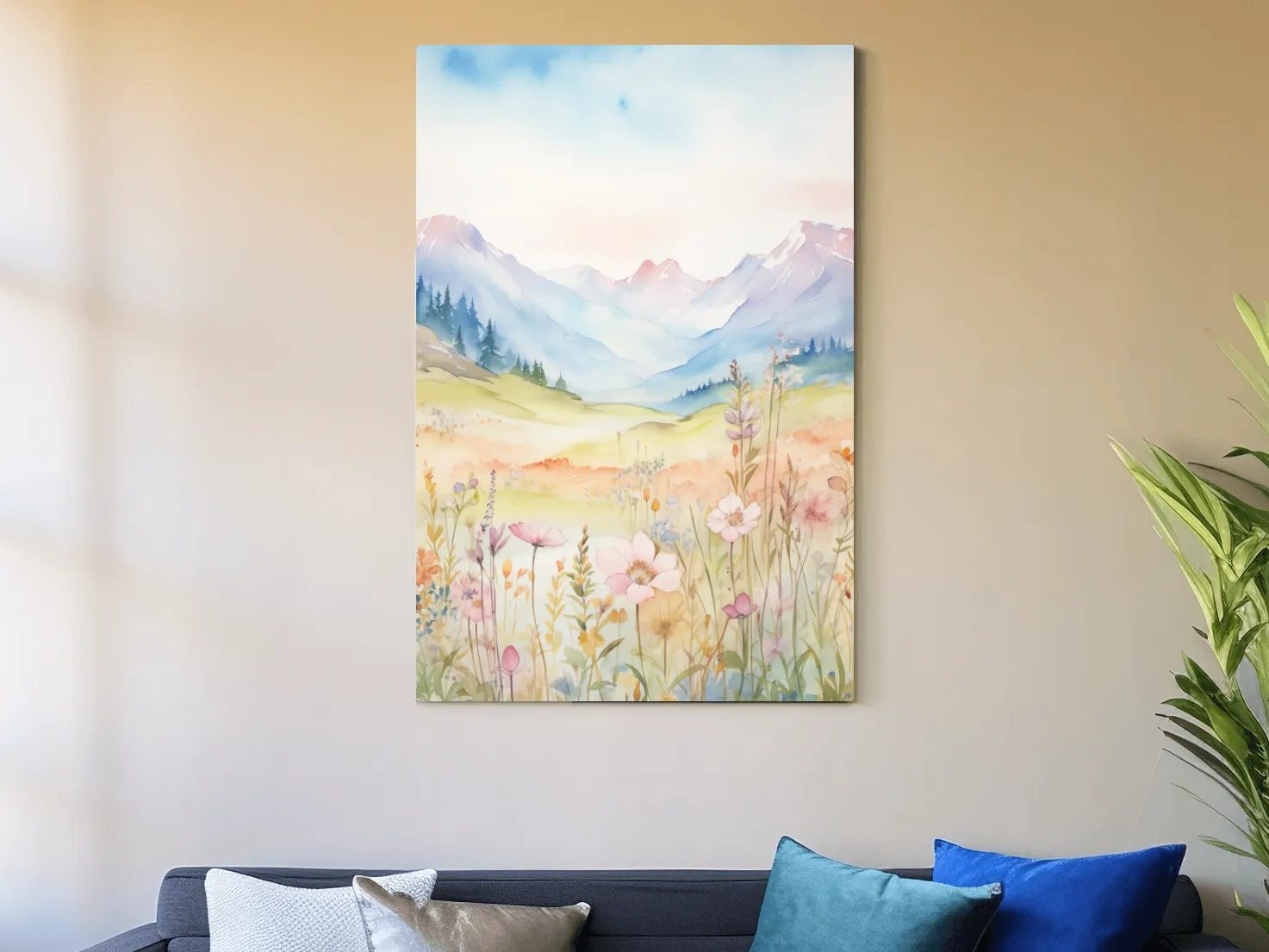 Pastel Watercolor Wildflower Meadow Mountains - Serene Floral Alpine Wall Art