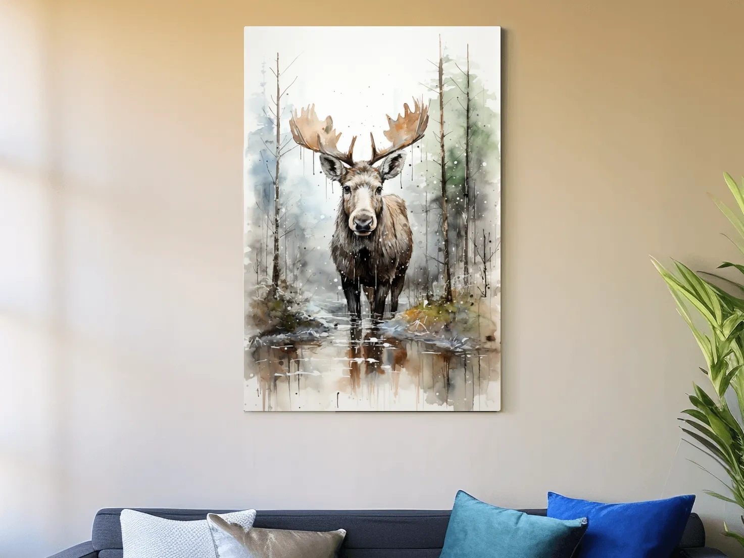Watercolor Moose In Misty Forest - Rustic Woodland Wildlife Painting Wall Art