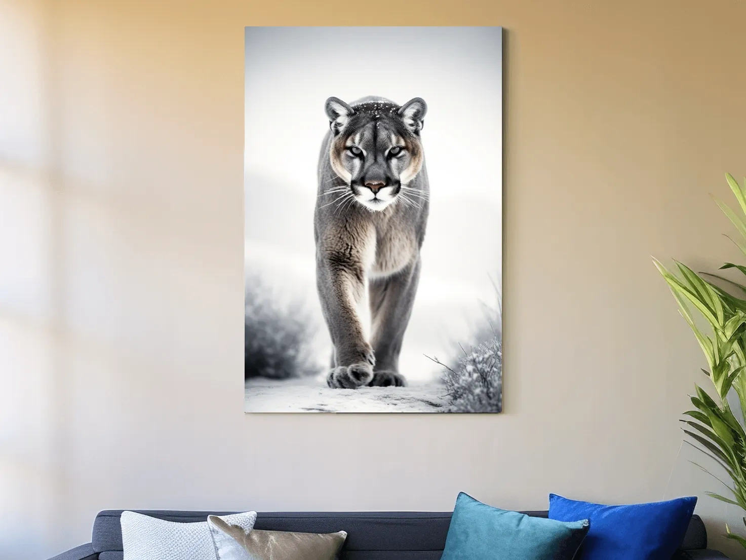 Snowy Cougar Close Up Wildlife Portrait - Winter Nature Wall Art