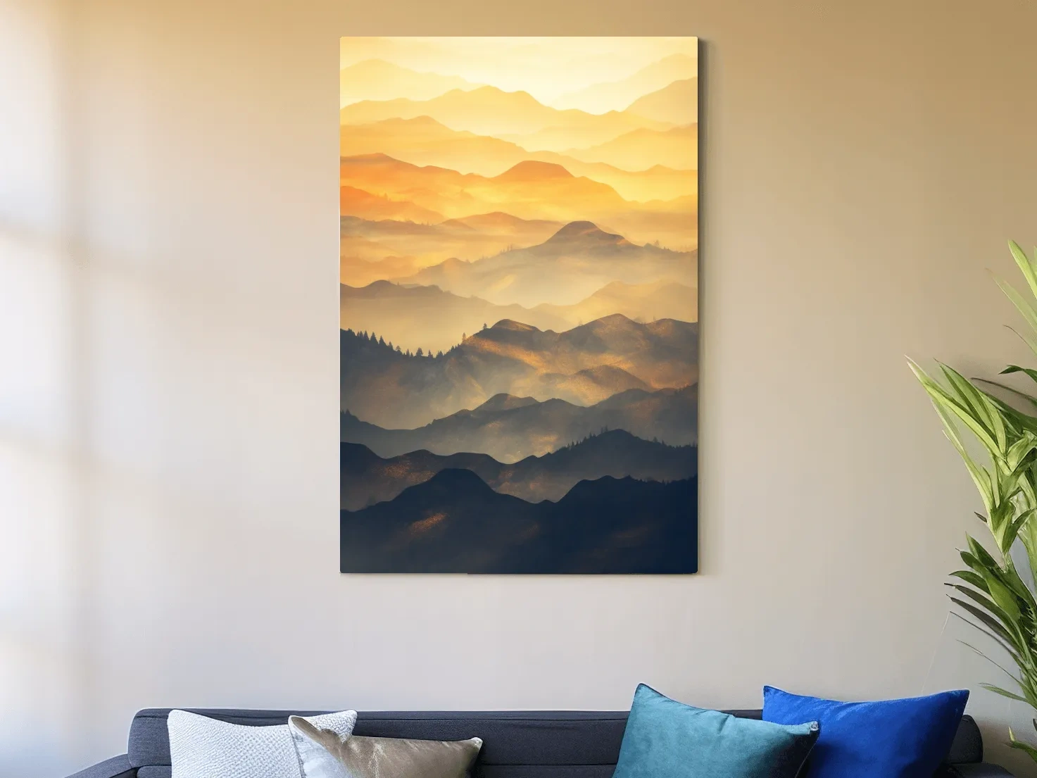Golden Misty Mountain Ranges Landscape - Serene Layered Sunrise Artwork