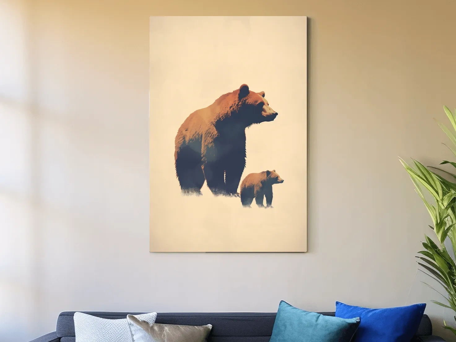 Minimalist Grizzly Bear Mother And Cub Artwork - Neutral Wildlife Wall Art