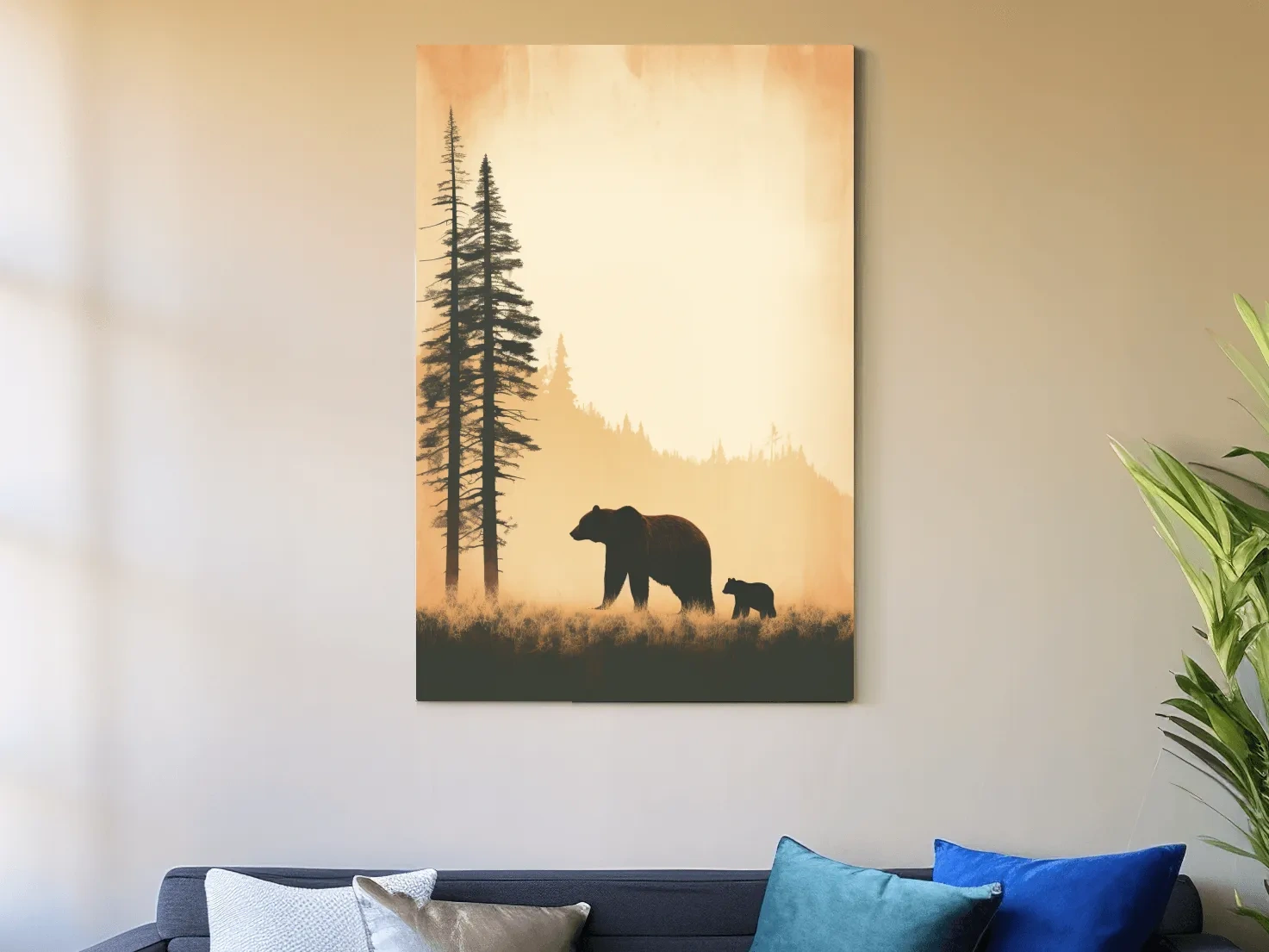 Grizzly Bear And Cub Silhouettes - Misty Forest Minimalist Wall Art