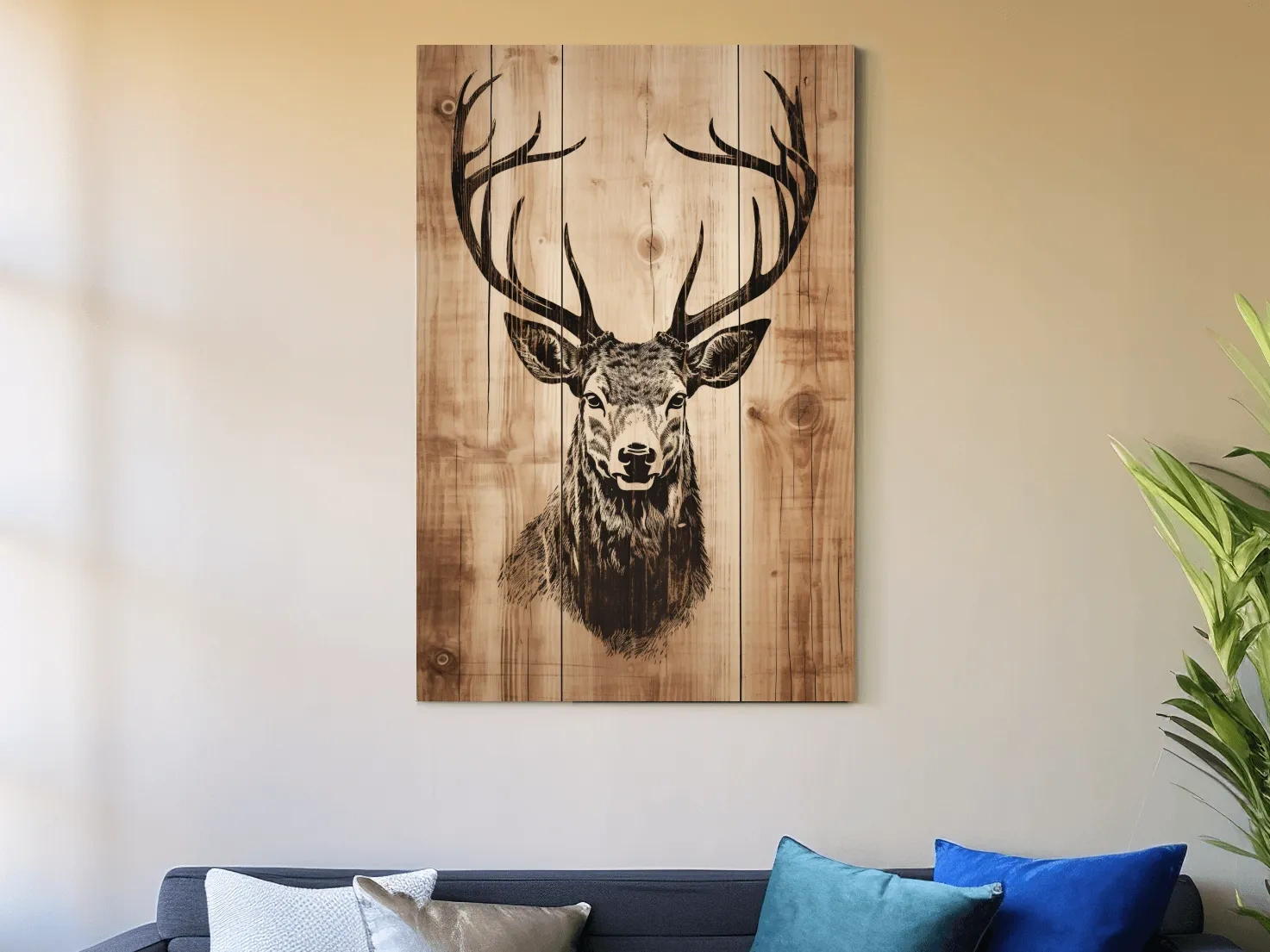 Rustic Deer Head Woodburn Style Portrait - Lodge Cabin Wildlife Wall Art