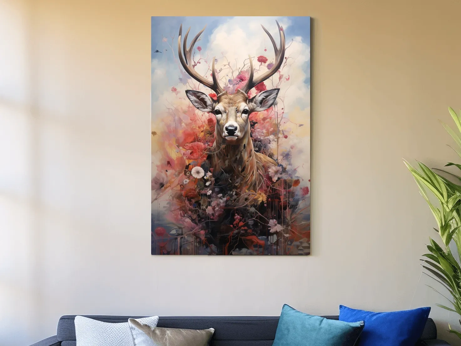 Painting of a deer head wrapped in flowers