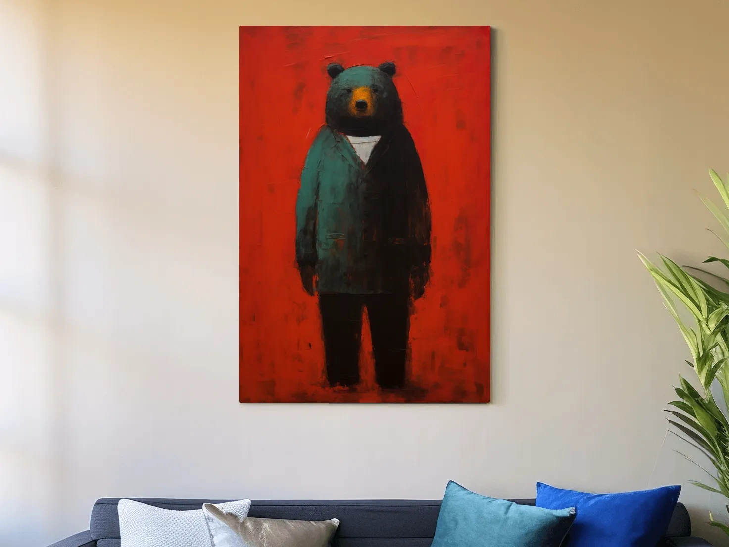 Bear wearing a suit, expressive textured painting