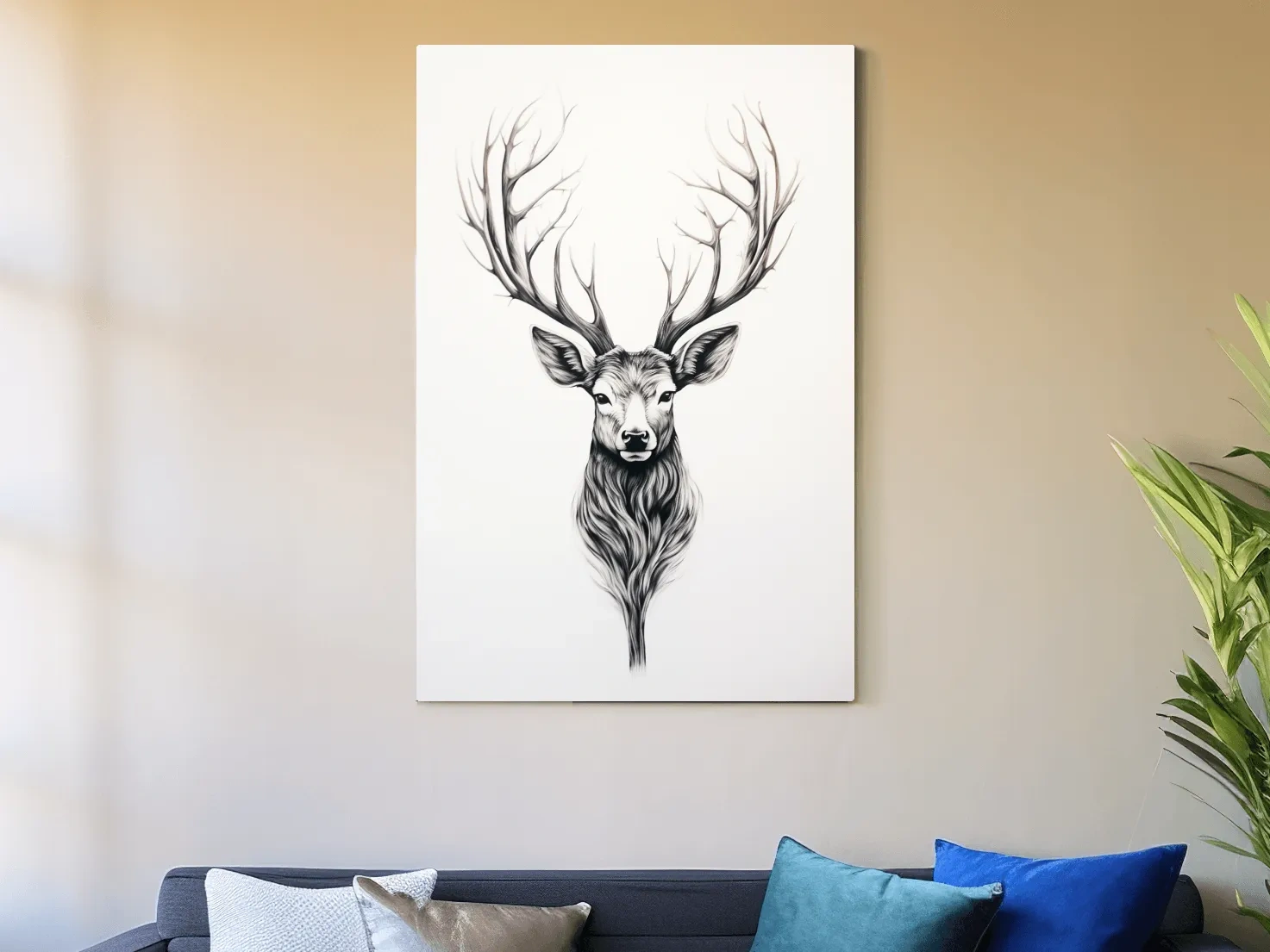 Minimalist Stag Head Line Drawing - Black And White Deer Tattoo  Artwork