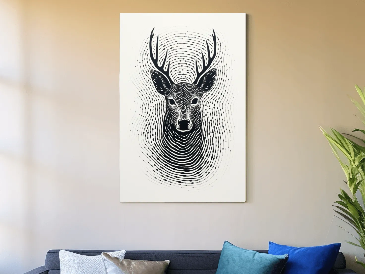 Psychedelic Deer Head Fingerprint Line Art - Black And White Wildlife Wall Art