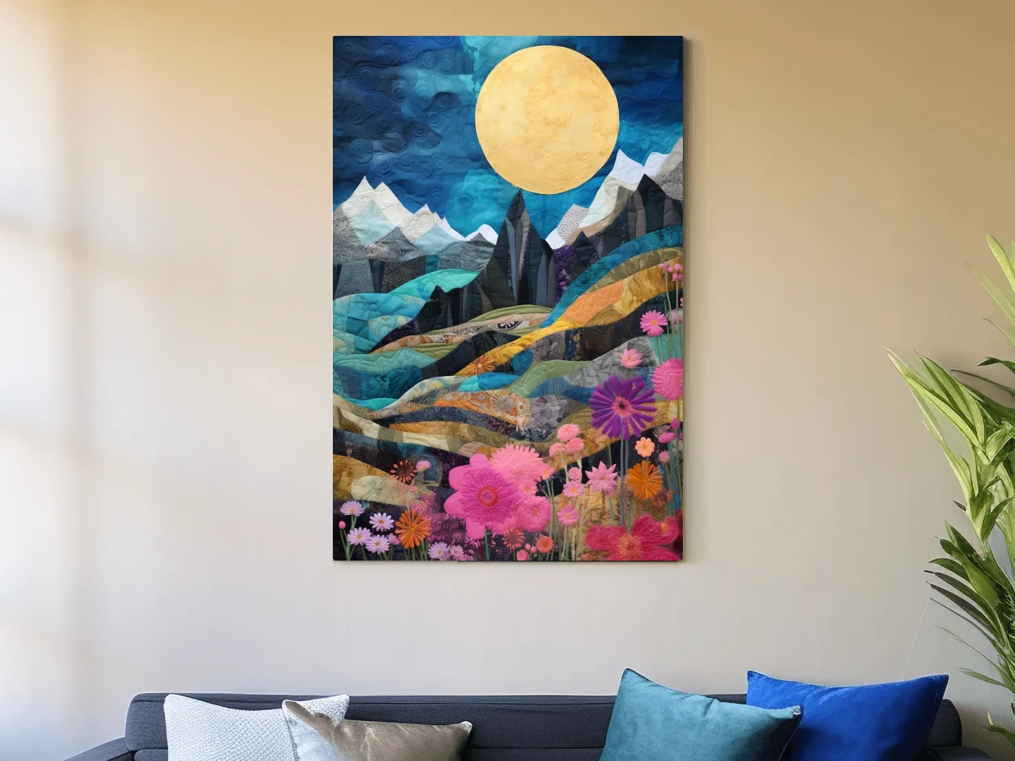 Quilted Wildflower Mountain Landscape - Colorful Patchwork Textile Style Wall Art
