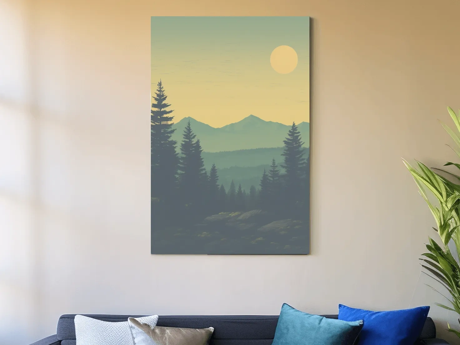 Minimalist Hazy Mountain Sunrise Landscape - Serene Alpine Forest Wall Art