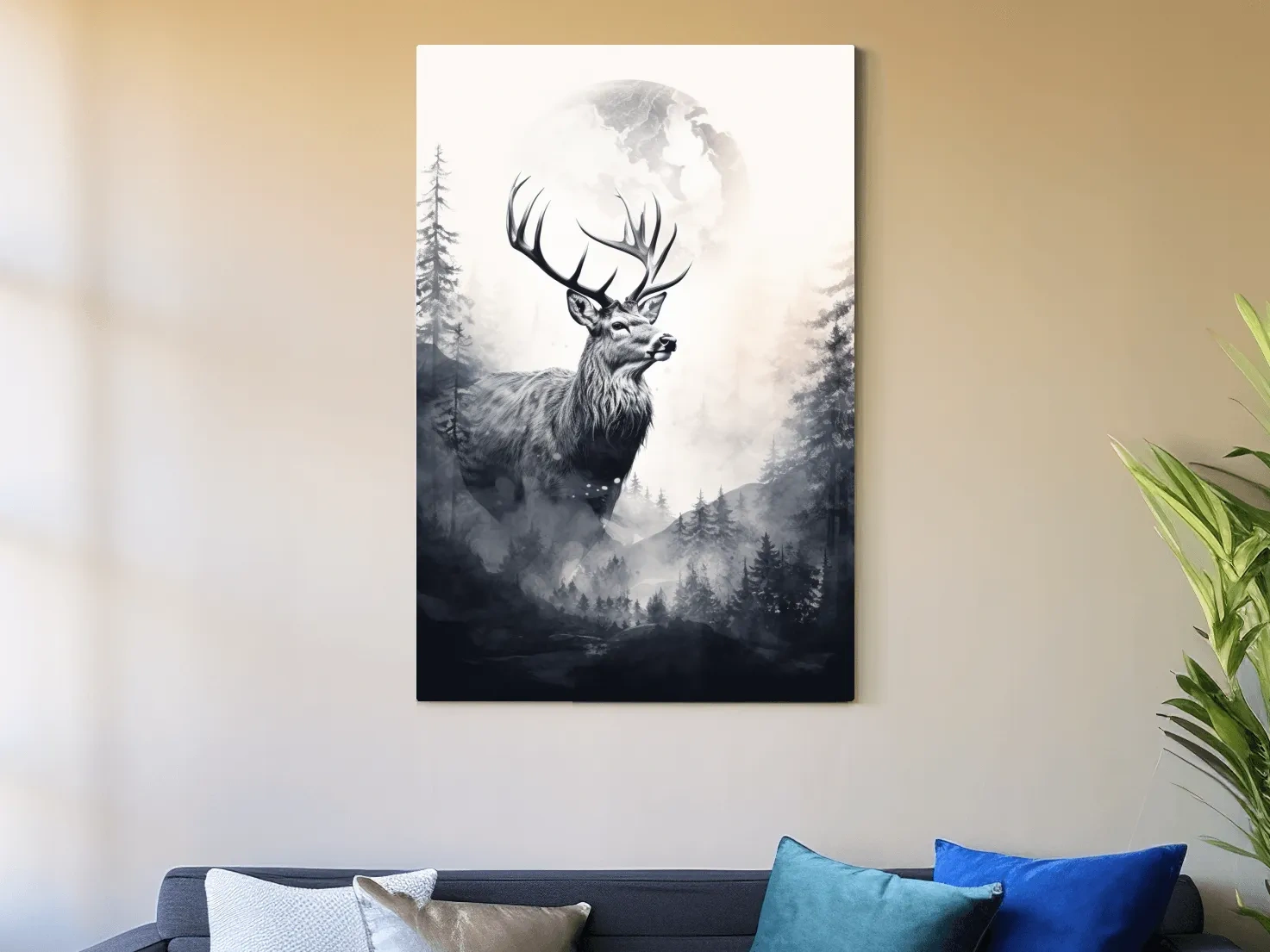 Deer and forest artwork drawing, double exposure style